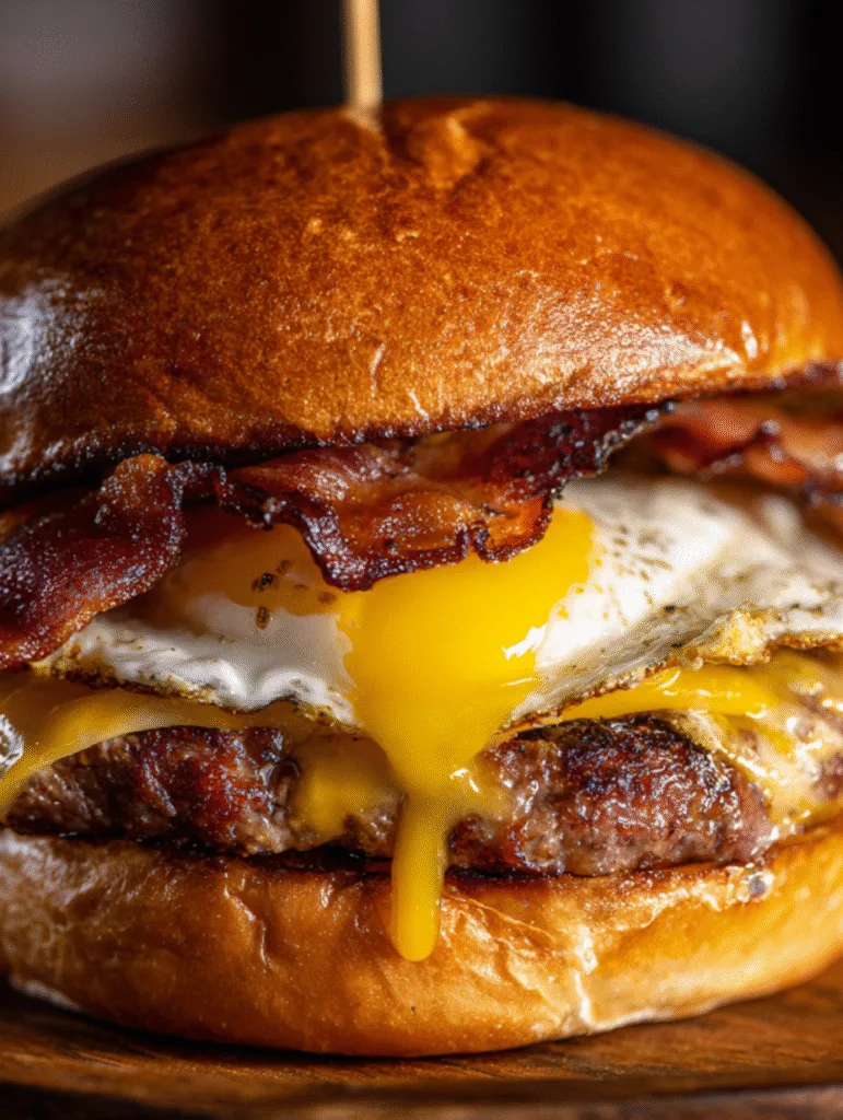 Close-up of a juicy beef bacon and egg cheeseburger with a runny yolk dripping over a grilled beef patty on a toasted brioche bun