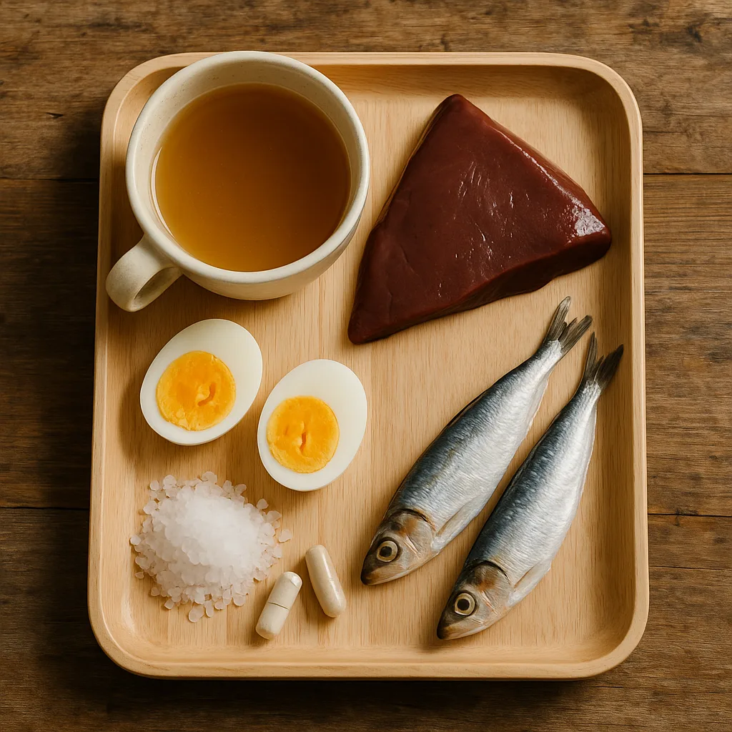 Electrolytes on Carnivore Diet: What You Need to Know for Optimal Health Electrolytes on Carnivore Diet Overhead view of a wooden tray with bone broth, beef liver, boiled eggs, sardines, salt, and capsules