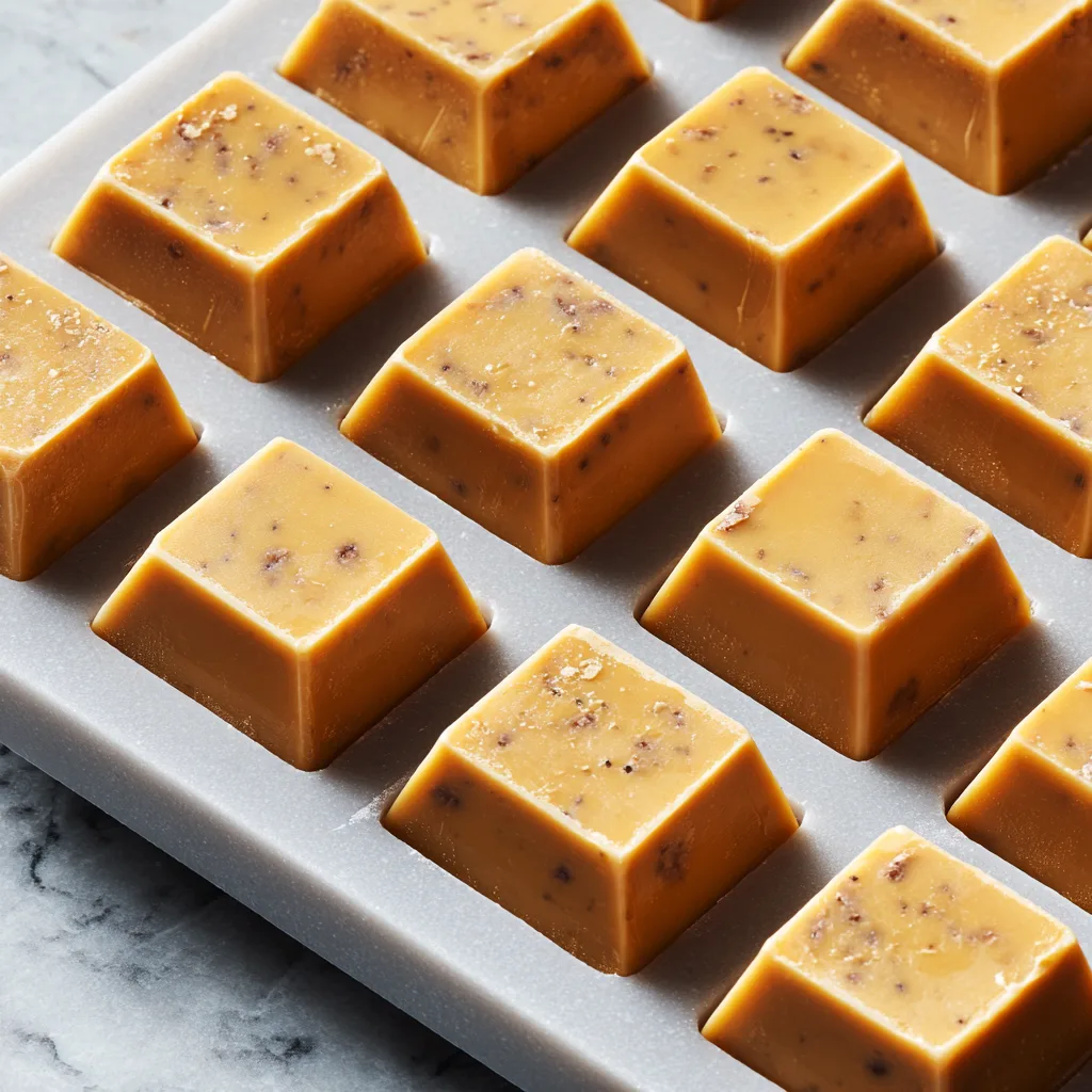 Freshly set brown butter bites in a silicone mold with speckled browned milk solids.