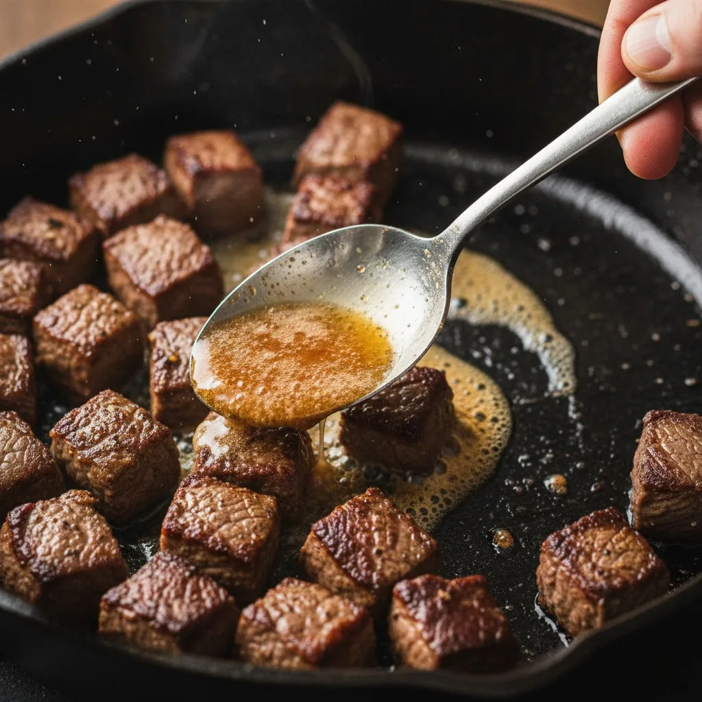 Spoon basting hot butter over seared steak bites in a cast-iron skillet.
