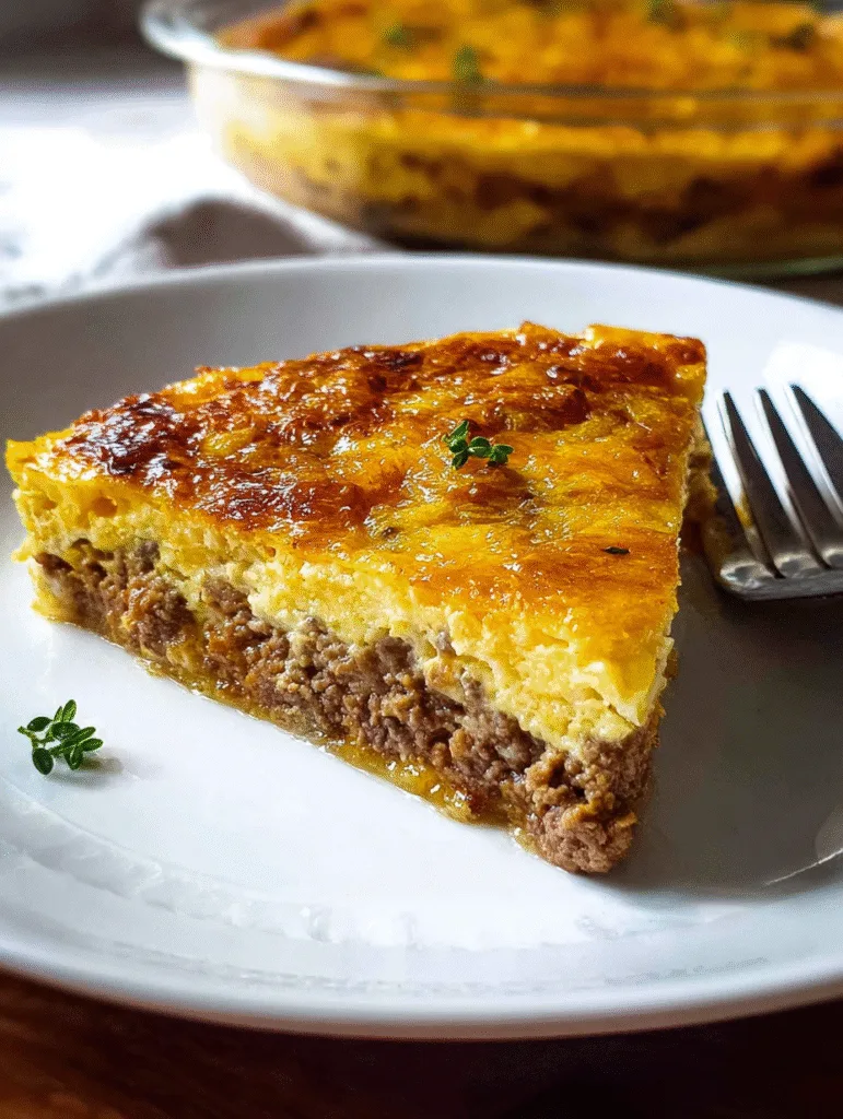 Cheesy carnivore beef and egg casserole slice served on a white dinner plate.