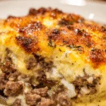 Close-up of a cheesy carnivore beef and egg gratin with a golden crust and juicy seasoned ground beef.