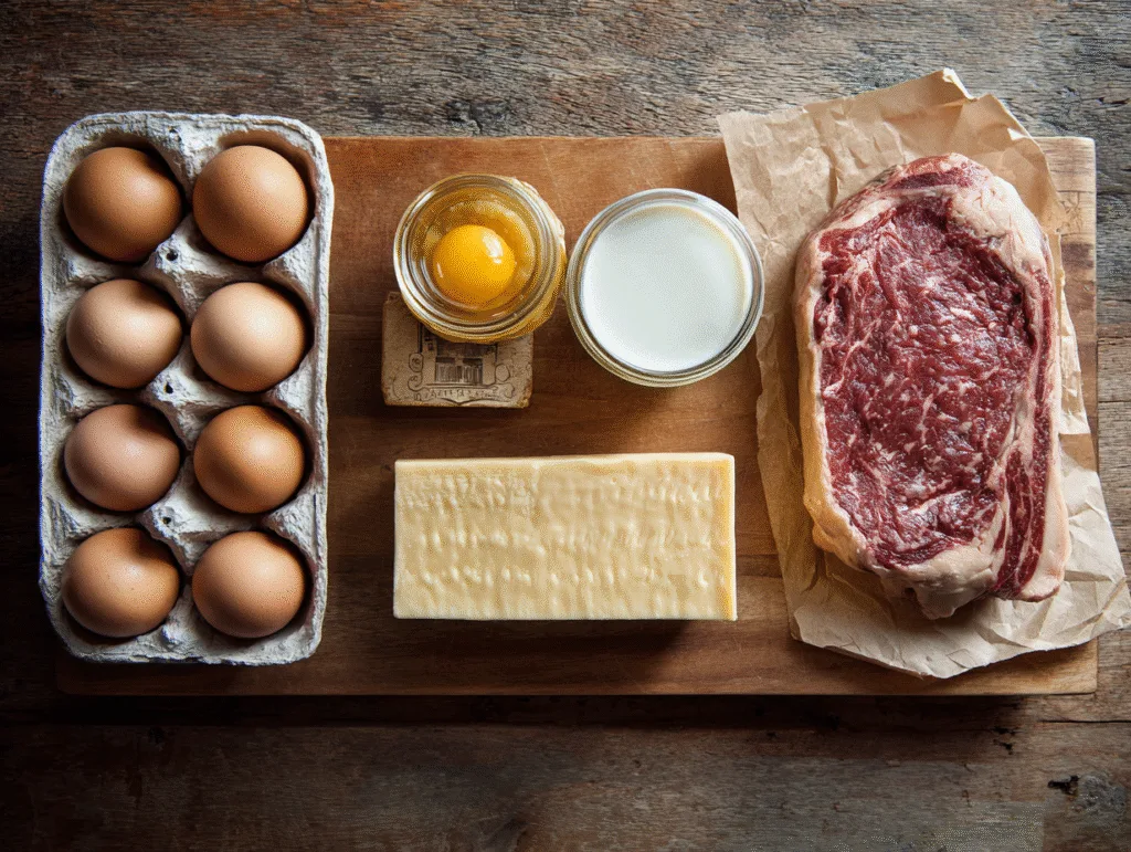 Top-down view of eggs, cheese, raw ribeye steak, cream, and butter.