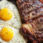 Grilled ribeye steak served with two sunny-side-up eggs on a dark plate