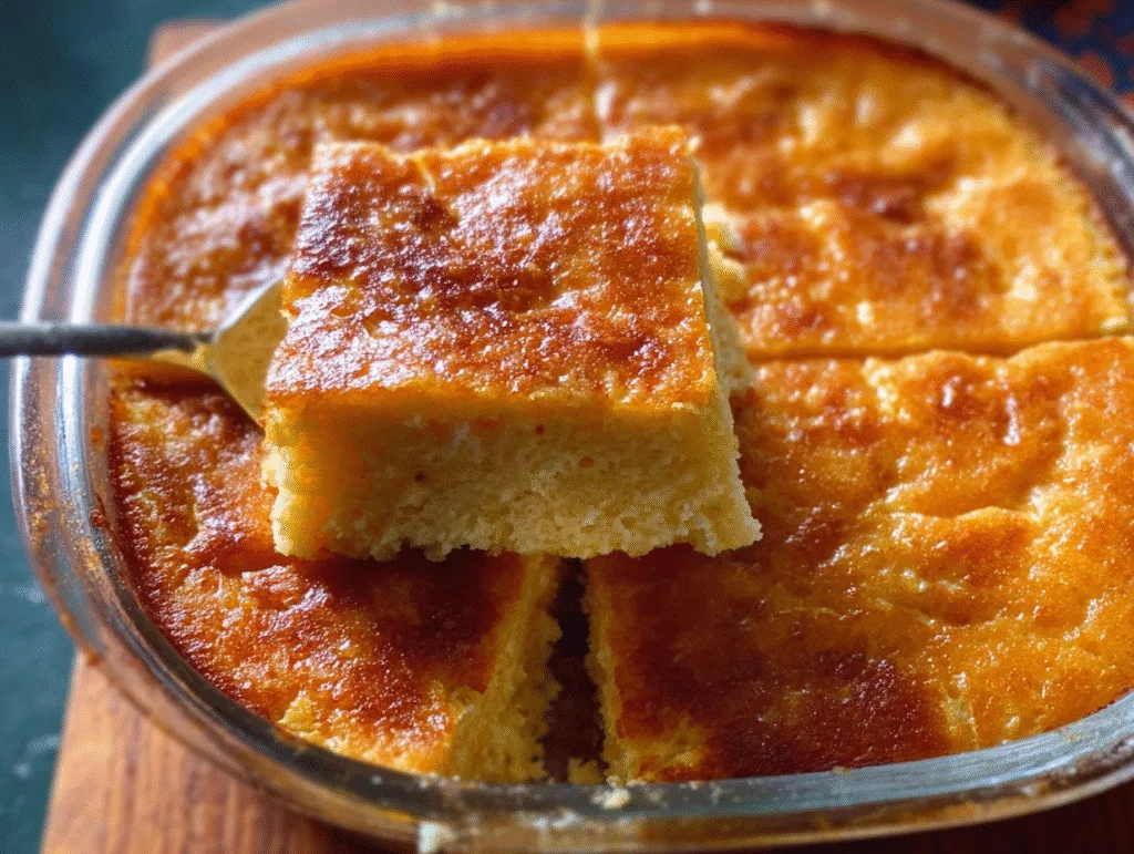 Freshly baked carnivore cake in a glass dish with a square slice being lifted.