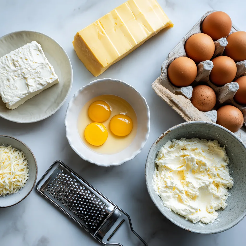Carnivore cheesecake ingredients laid out on a marble surface including eggs, butter, cream cheese, and grated cheese.
