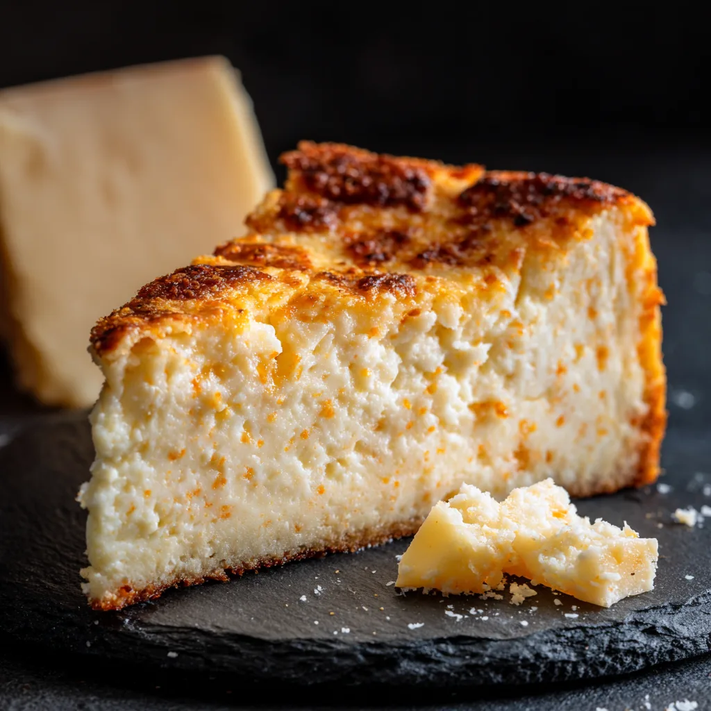 Close-up slice of golden, crusty carnivore cheesecake made with Manchego cheese.