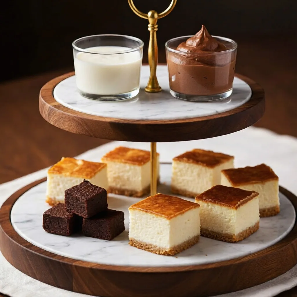 Slice of carnivore cheesecake with chocolate bites and coffee on a rustic wooden platter.
