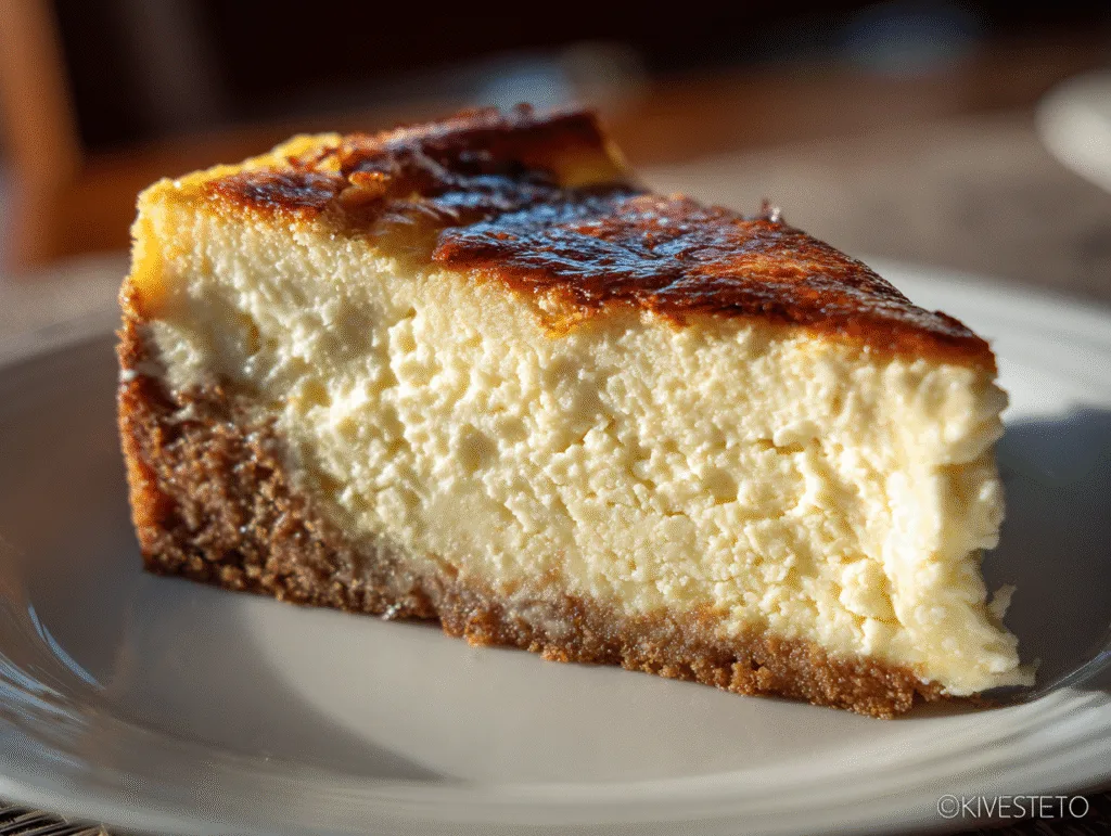 Thick slice of carnivore cheesecake with a golden brown top and smooth texture.