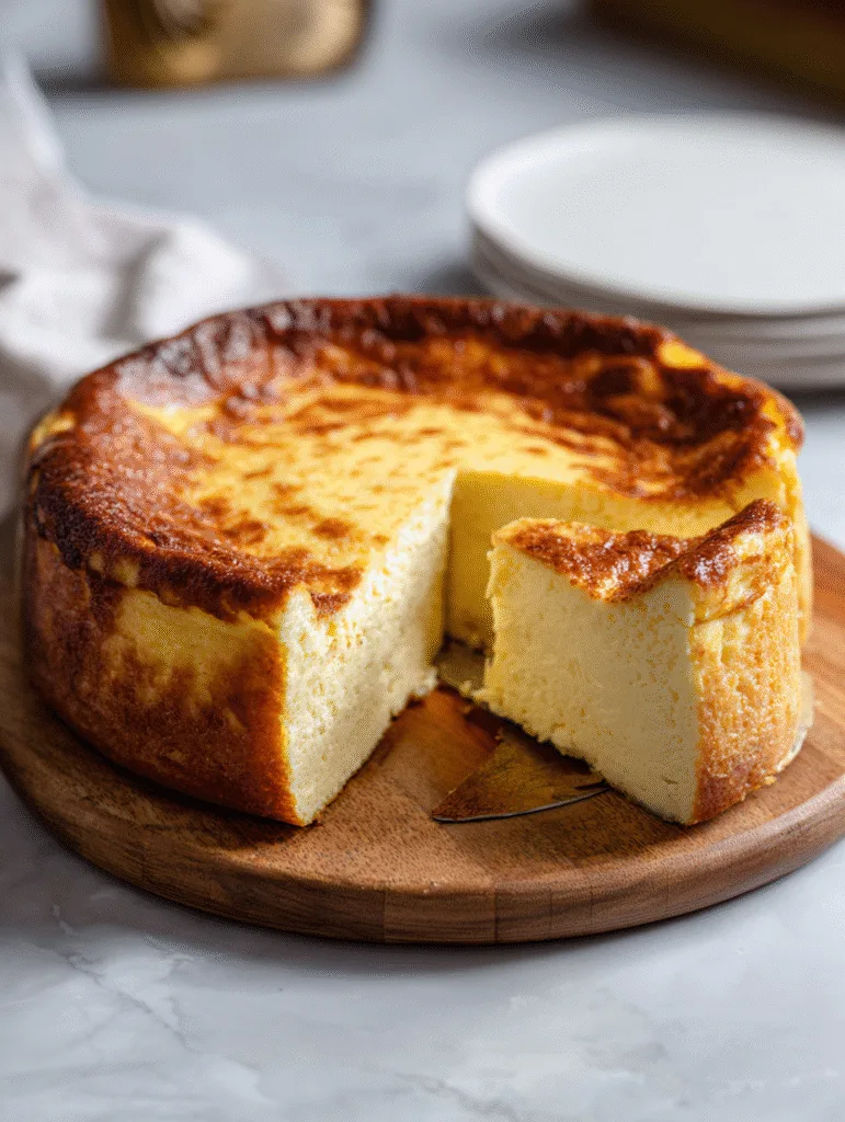 Tall golden-brown carnivore cheesecake with one slice removed on a wooden board.