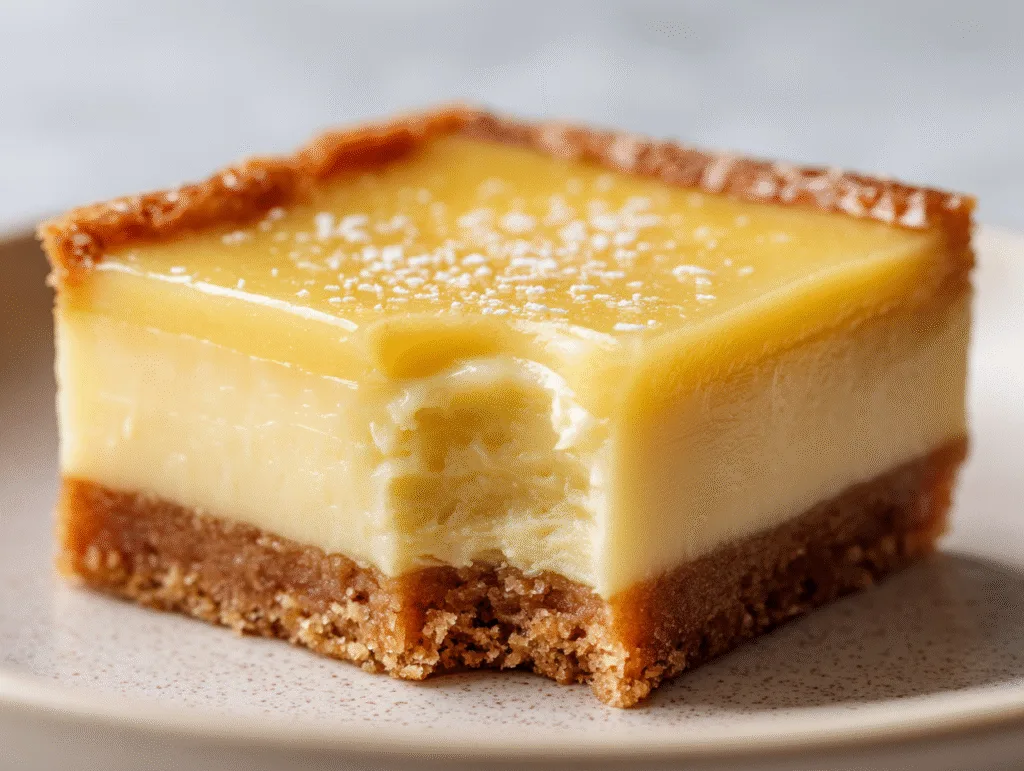 Close-up of a creamy carnivore custard bar with a golden top and buttery crust, showing a bite taken out.
