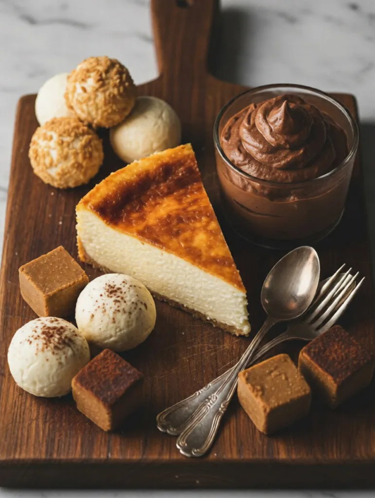 Carnivore dessert platter with cheesecake slice, chocolate mousse, truffle bites, and caramel fudge squares on a wooden board