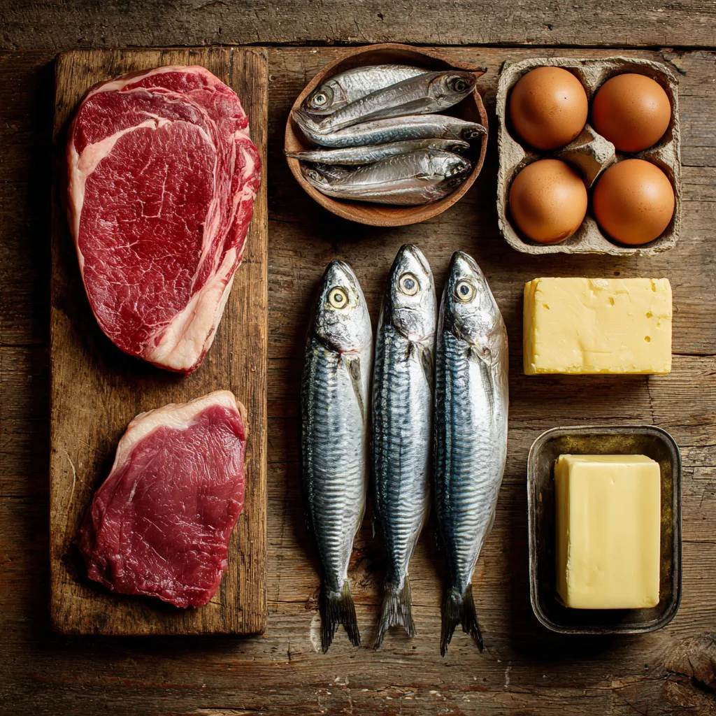 Flat-lay photo of ribeye steak, sardines, eggs, and butter on rustic wooden background for carnivore diet food list