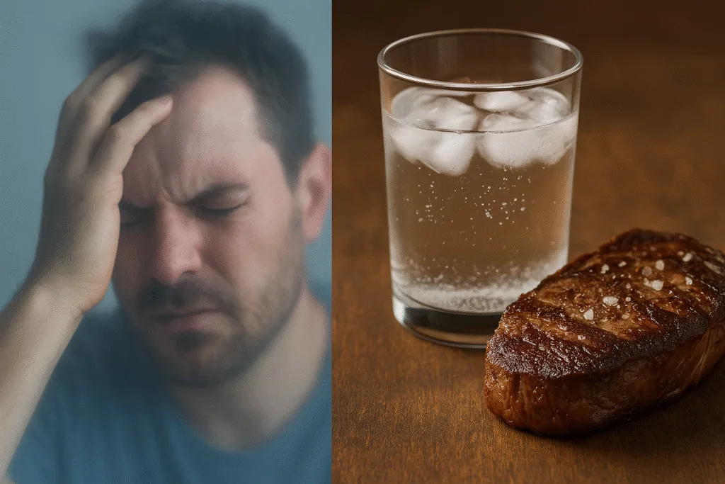Carnivore Diet Side Effects & Adaptation Carnivore Diet Side Effects & Adaptation Split image showing a man with a headache on the left and ribeye steak with salt water on the right, symbolizing carnivore flu and its remedy. Carnivore Diet Side Effects & Adaptation