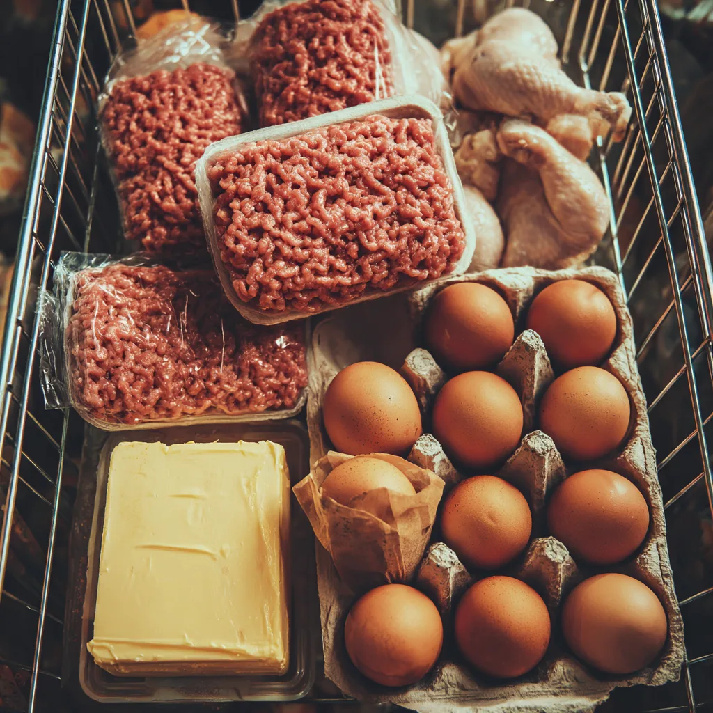 Grocery cart filled with ground beef, butter, eggs, and raw chicken for carnivore diet food list