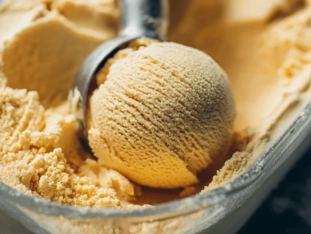 Close-up scoop of creamy carnivore ice cream inside a glass container.
