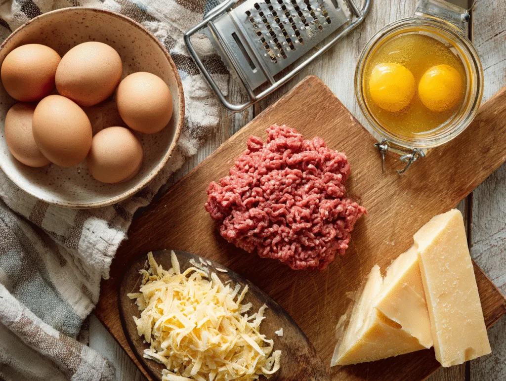 Flat lay of ingredients for carnivore omelette including eggs, ground beef, and cheese.