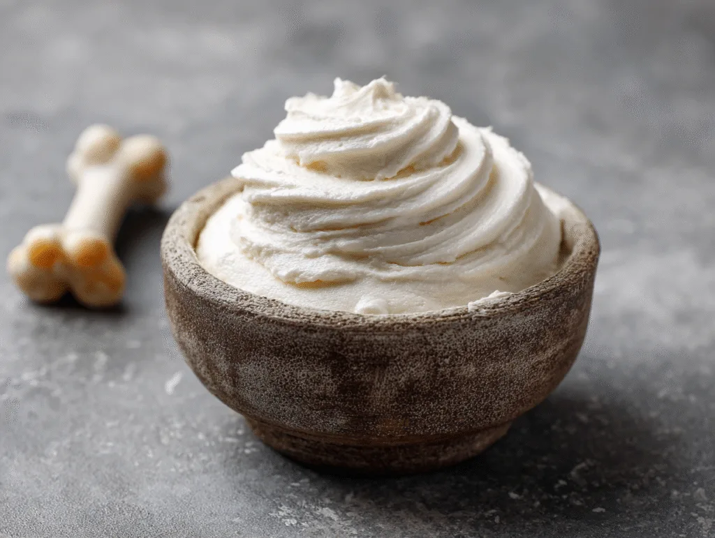 Rustic bowl of whipped cream used for topping Carnivore Panna Cotta.