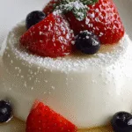 Creamy carnivore panna cotta topped with fresh strawberries, blueberries, and powdered sweetener.