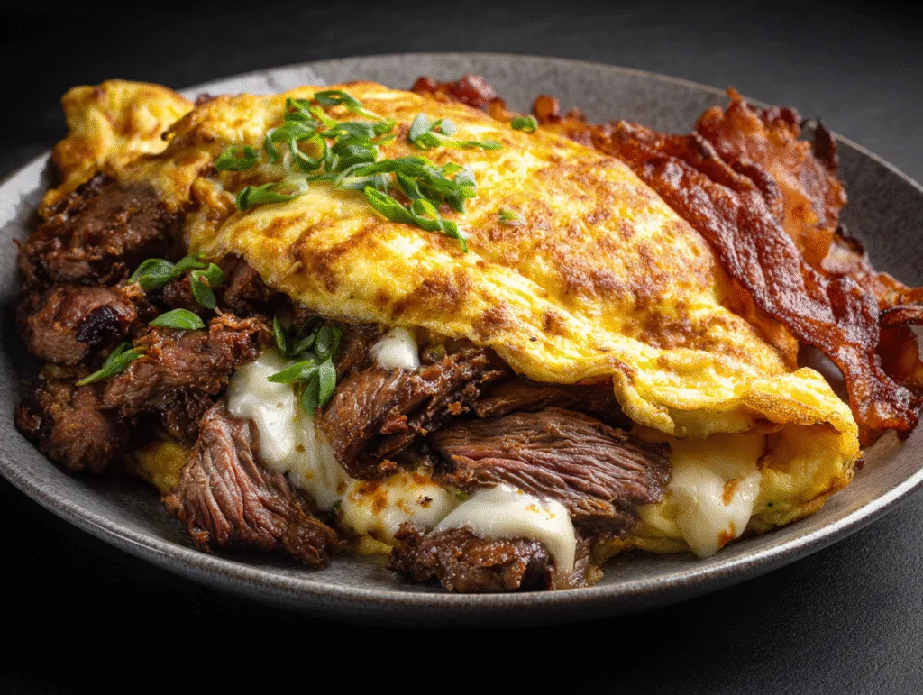 Carnivore omelette filled with shredded beef and cheese served with crispy  beef bacon.