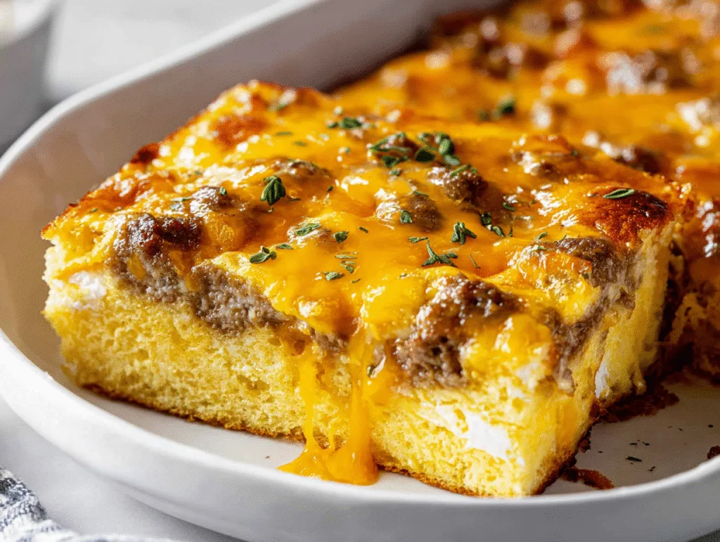 Cheesy sausage breakfast casserole slice with melted cheddar and baked eggs.