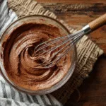 Chocolate mousse being whisked in a glass bowl on a rustic wooden surface.