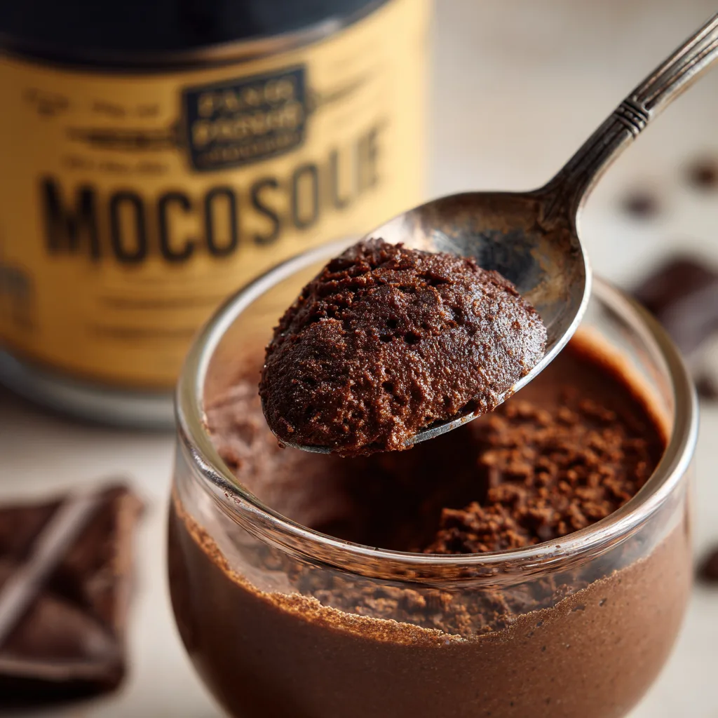 Spoon lifting dense, rich chocolate mousse from a glass jar.
