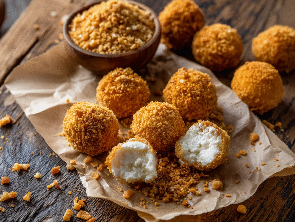 Crispy fried cream cheese bites with golden crumb coating and a soft creamy center.