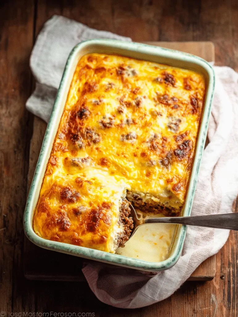Golden-brown carnivore beef and egg casserole baked in a rectangular dish.