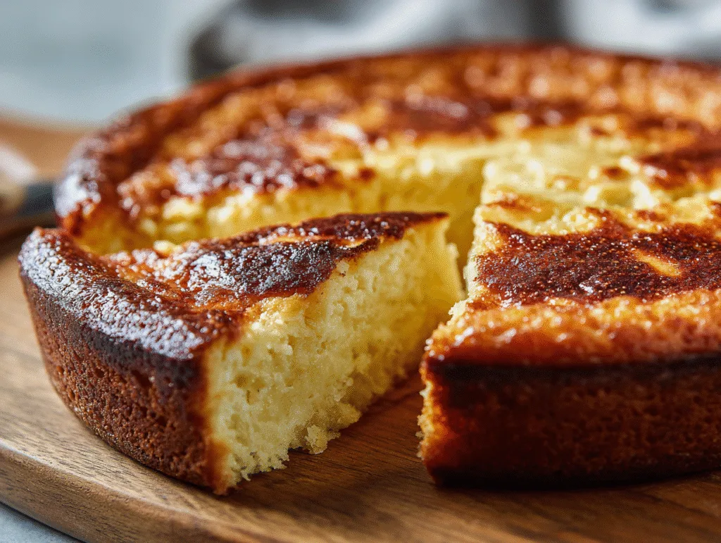 Close-up of a golden carnivore cake with a slice cut out, showing a moist and fluffy texture.