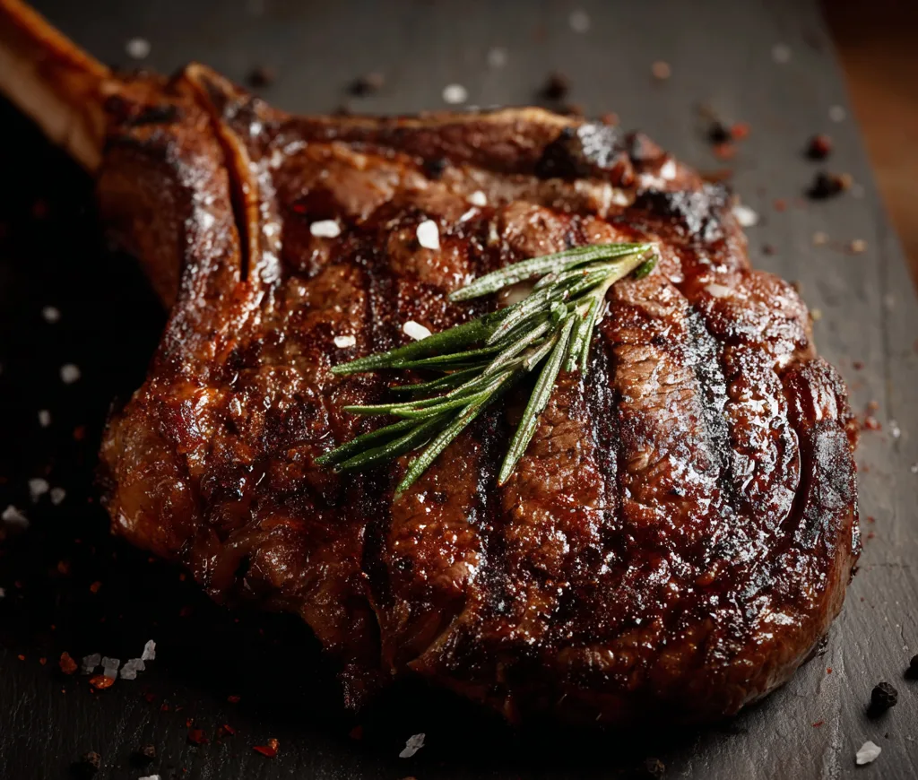 Grilled ribeye steak garnished with rosemary on a dark slate plate for Carnivore diet 7-day meal plan.
