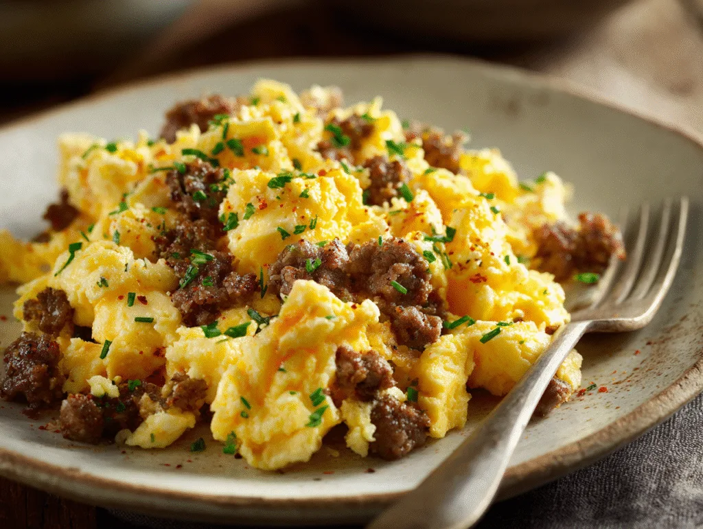 Classic Ground Beef and Egg Scramble on a plate with fresh herbs.