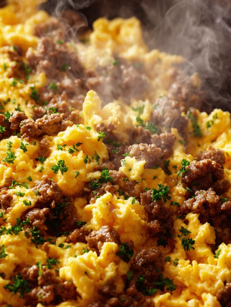Close-up of Ground Beef and Egg Scramble with fluffy scrambled eggs and seasoned beef garnished with fresh herbs