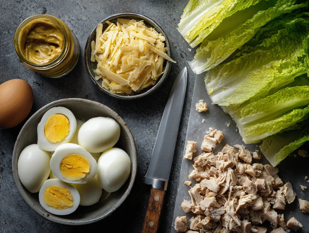 Ingredients for Hard-Boiled Egg Bites including eggs, chicken, cheese, and lettuce arranged on a counter