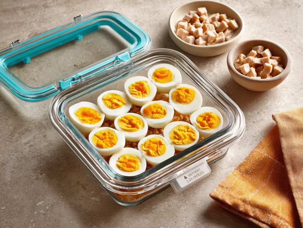 Hard-Boiled Egg Bites stored in a glass airtight container with diced chicken on the side