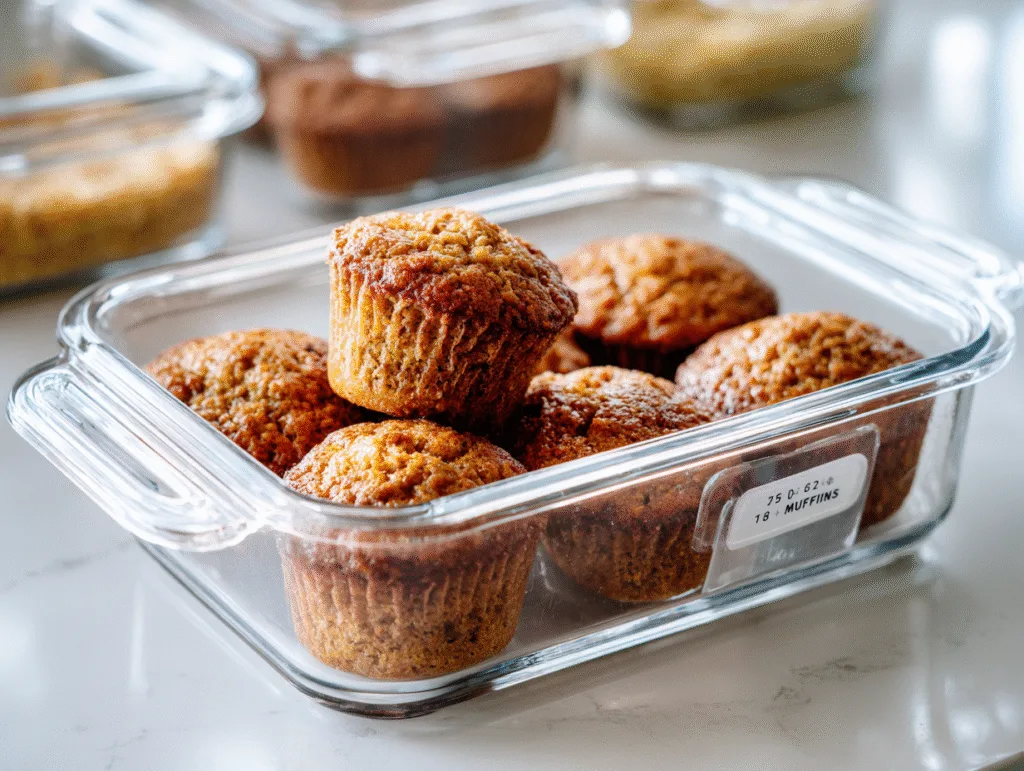 Breakfast muffins stored neatly in a clear glass meal prep container on a kitchen counter.