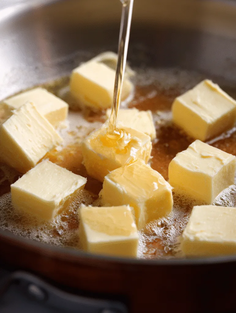 Cubes of butter melting in a pan with golden browned butter forming around them.