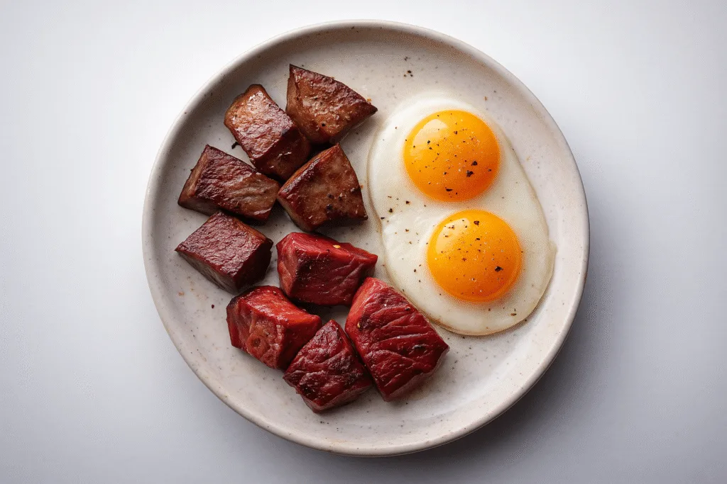Carnivore Diet Side Effects & Adaptation Carnivore Diet Side Effects & Adaptation A bright, overhead view of a white ceramic plate with lightly seared beef liver, cooked steak, and two soft egg yolks on a white background.