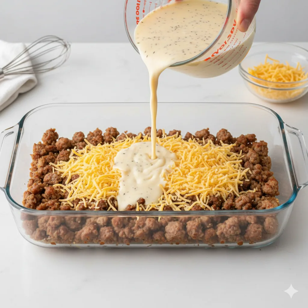 Egg mixture poured over sausage and cheese in a casserole dish.