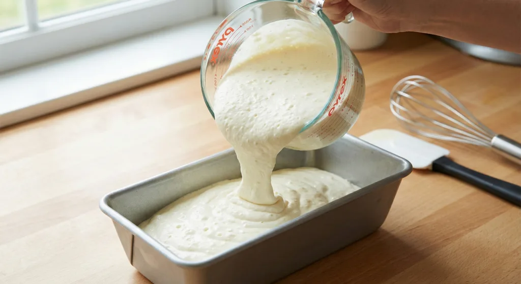 Ice cream mixture being poured from a Pyrex measuring cup into a loaf pan on a wooden countertop.