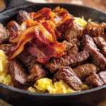 Close-up of a hearty carnivore breakfast featuring tender ribeye steak bites, crispy beef bacon strips, and fluffy scrambled eggs in a cast-iron skillet for carnivore breakfast ideas