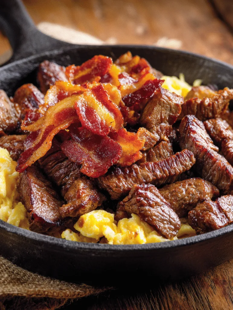 Close-up of a hearty carnivore breakfast featuring tender ribeye steak bites, crispy beef bacon strips, and fluffy scrambled eggs in a cast-iron skillet for carnivore breakfast ideas