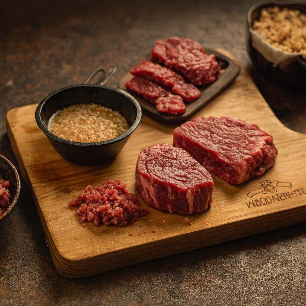 Carnivore Diet Side Effects & Adaptation Carnivore Diet Side Effects & Adaptation Raw ribeye steak, ground beef, and coarse beef mix displayed on a wooden board with bowls of seasoning, shot in a rustic kitchen setting.