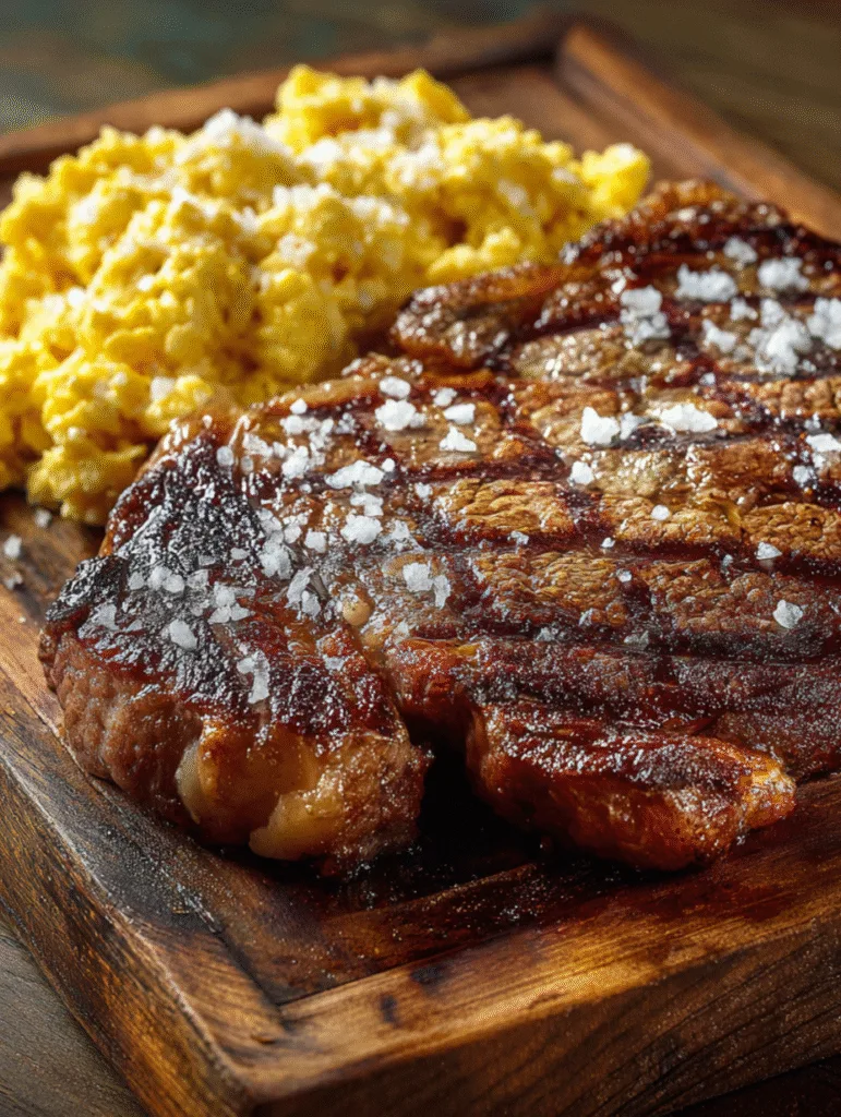 Grilled ribeye steak topped with sea salt flakes served alongside scrambled eggs on a rustic wooden board