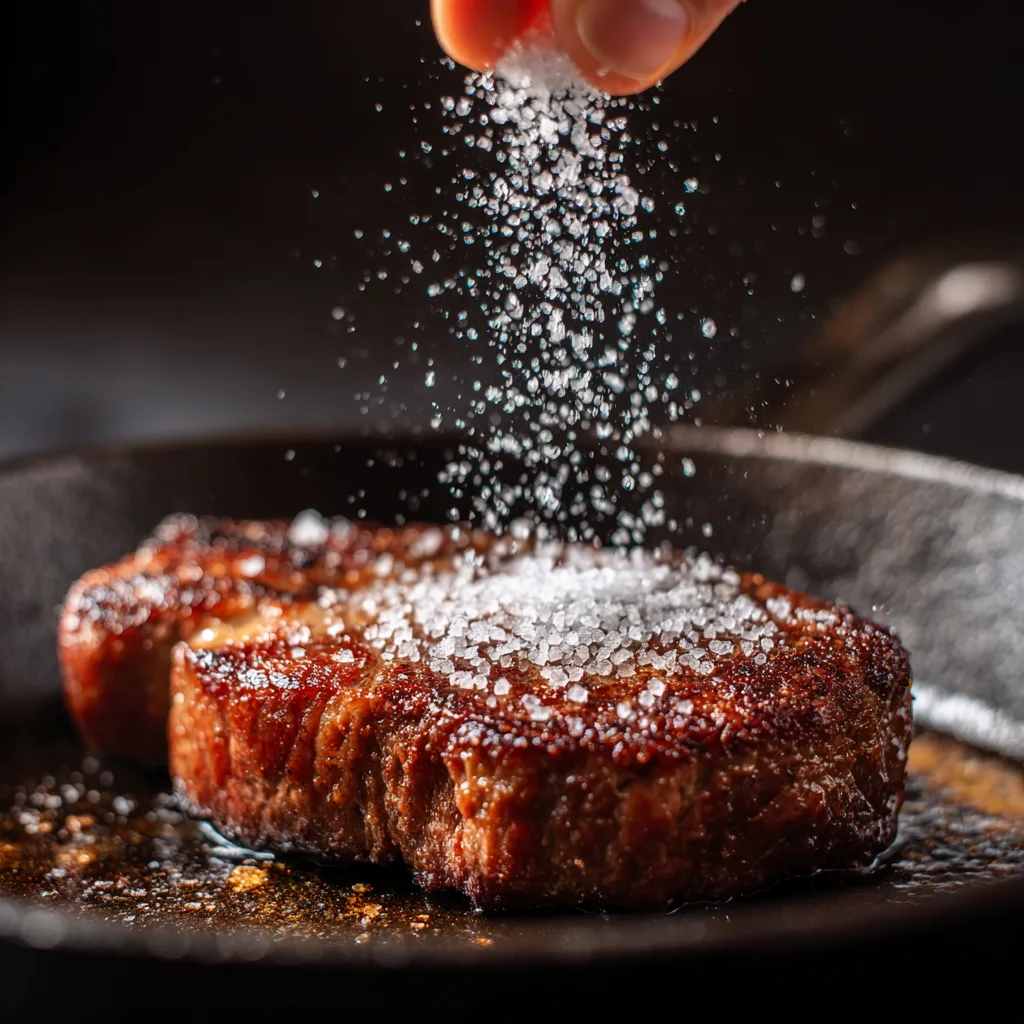 Hand sprinkling coarse salt on a sizzling ribeye steak in a cast iron pan for carnivore meal prep ideas