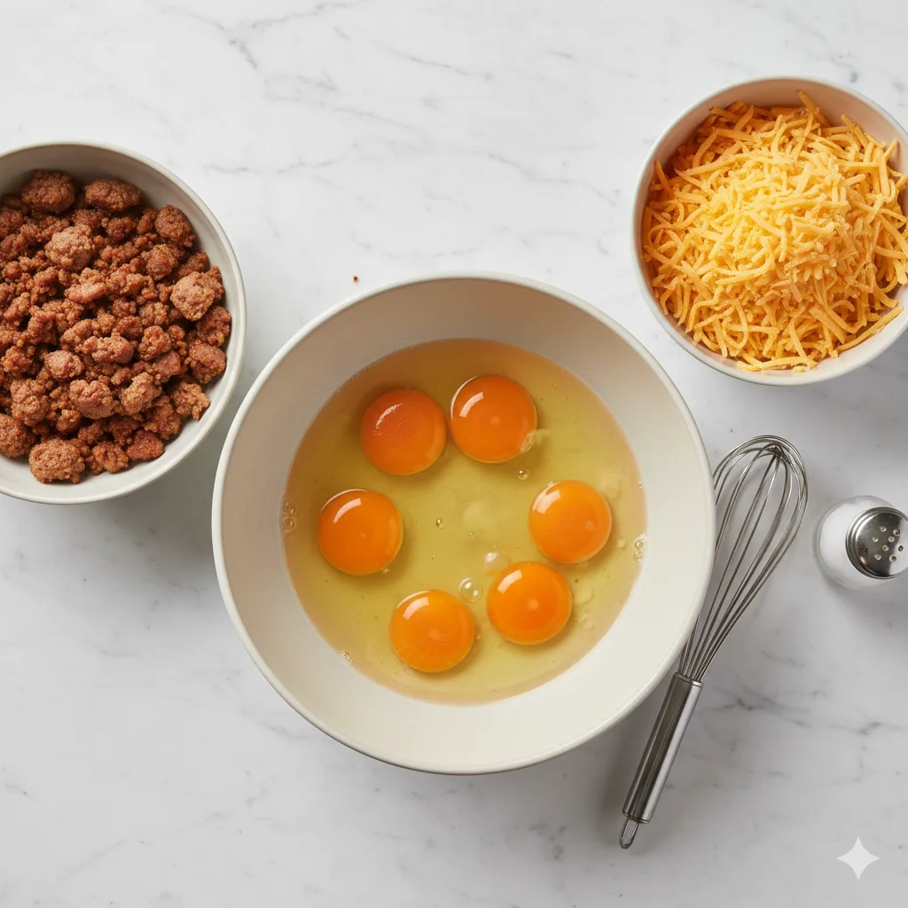 Ingredients for sausage and egg casserole arranged on a marble counter.