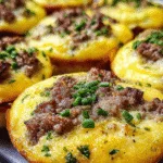 Close-up of golden baked sausage and egg breakfast muffins topped with fresh chives in a muffin pan