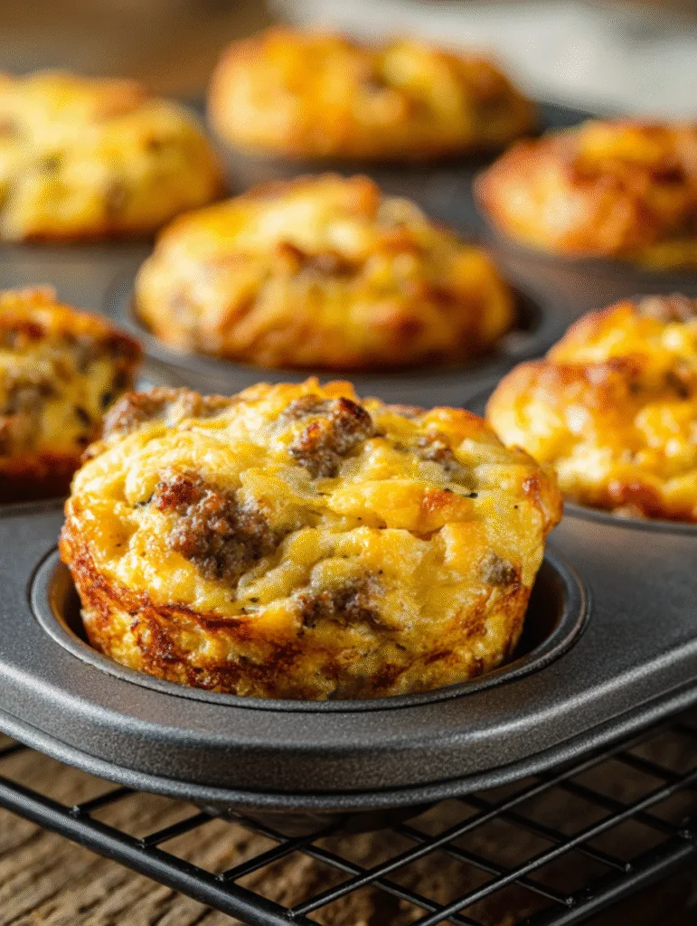 Close-up of freshly baked sausage, egg, and cheese breakfast muffins in a muffin tray cooling on a rack.