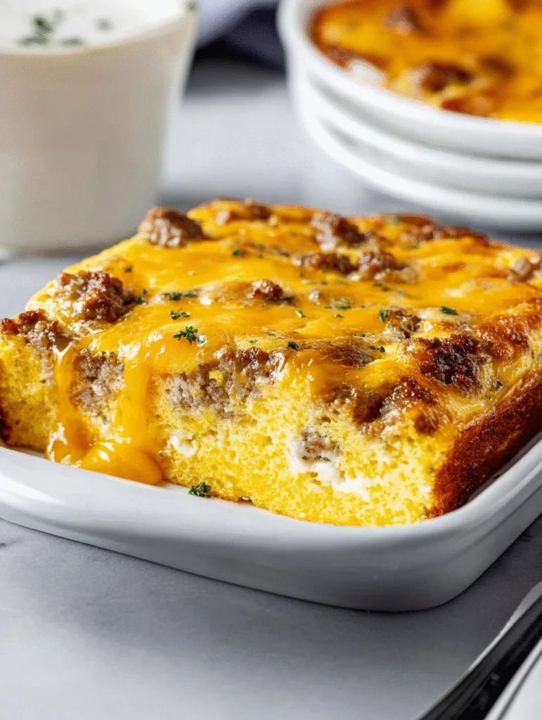 A serving of sausage egg and cheese casserole in a white dish.