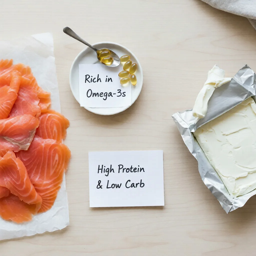 Smoked salmon and cream cheese with omega-3 capsules arranged on a flat lay, highlighting a high-protein and low-carb meal